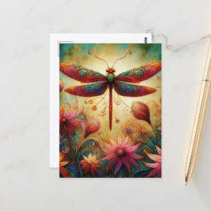 Carte Postale Dragonfly lunaire Floral Art Abstrait Turquoise ro