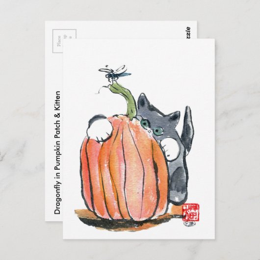 Carte Postale Dragonfly mène Kitten à travers le Patch Citrouill (Devant / Derrière)