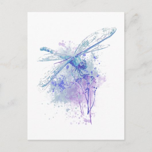 Carte Postale Dragonfly originale aquarelle dans Blue Mauve Natu (Devant)