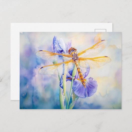 Carte Postale Dragonfly reposant sur une peinture à l'aquarelle (Devant / Derrière)