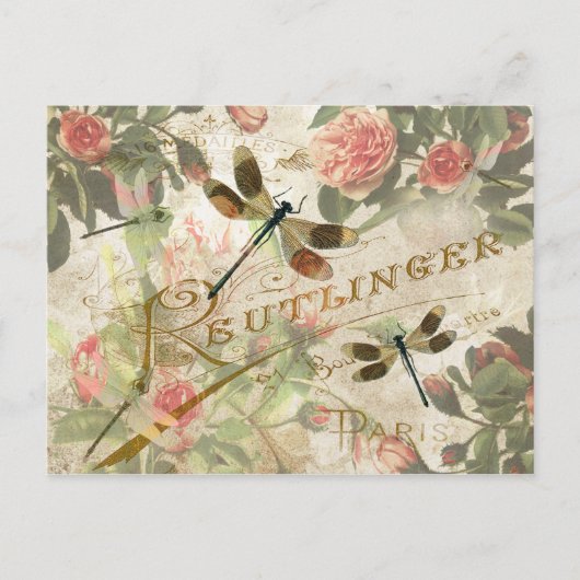 Carte Postale Dragonfly vintage et Roses (Devant)