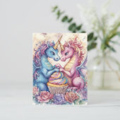 Carte Postale Dragons Licornes Avec Cupcake et Fleurs (Debout devant)