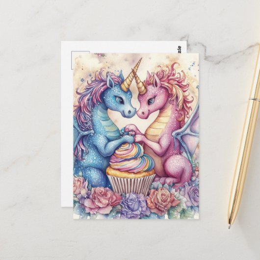 Carte Postale Dragons Licornes Avec Cupcake et Fleurs (Devant/Arrière en situation)