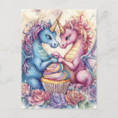 Carte Postale Dragons Licornes Avec Cupcake et Fleurs (Devant)