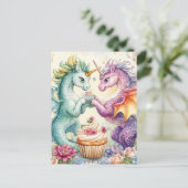 Carte Postale Dragons Licornes Mignons Avec Cupcake et Fleurs (Debout devant)