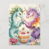 Carte Postale Dragons Licornes Mignons Avec Cupcake et Fleurs (Devant)