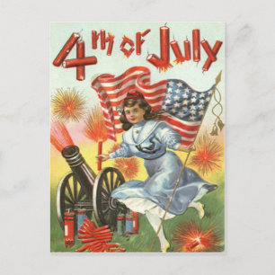 Carte Postale Drapeau américain Canon Fille Feux d'artifice Péta