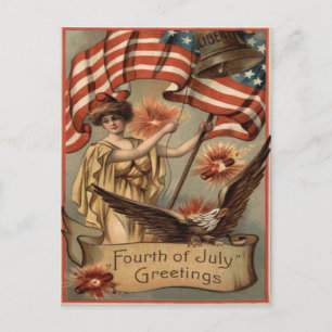 Carte Postale Drapeau américain Dame Liberté Feux d'artifice Pét