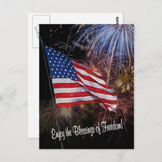 Carte Postale Drapeau Américain Et Design Fireworks (Devant / Derrière)