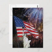 Carte Postale Drapeau américain, feux d'artifice et statue de la (Devant / Derrière)