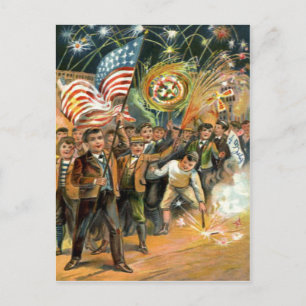 Carte Postale Drapeau américain Feux d'artifice Pétards Défilé