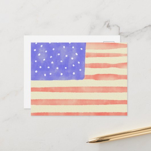 Carte Postale Drapeau américain rustique aquarelle (Devant/Arrière en situation)