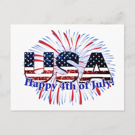 Carte Postale Drapeau américain texte paillettes feux d'artifice (Devant)