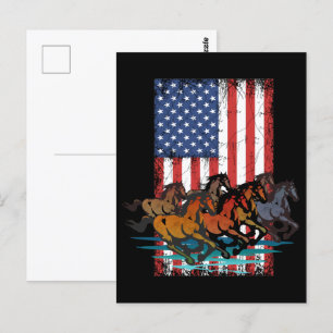 Carte Postale Drapeau américain vintage délavé CHEVAUX