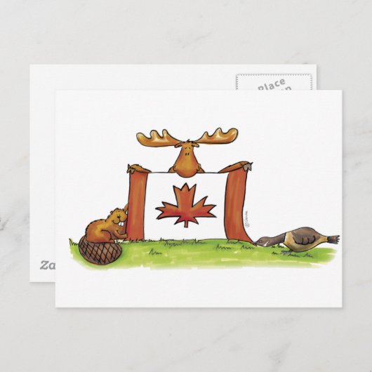Carte Postale Drapeau canadien avec orignal, castor et oie (Devant / Derrière)