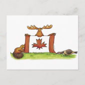 Carte Postale Drapeau canadien avec orignal, castor et oie (Devant)