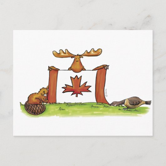 Carte Postale Drapeau canadien avec orignal, castor et oie (Devant)