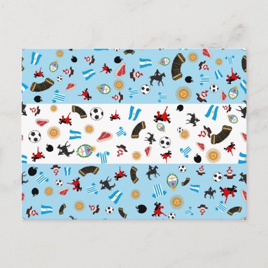 Carte Postale Drapeau de l'Argentine avec des icônes célèbres (Devant)