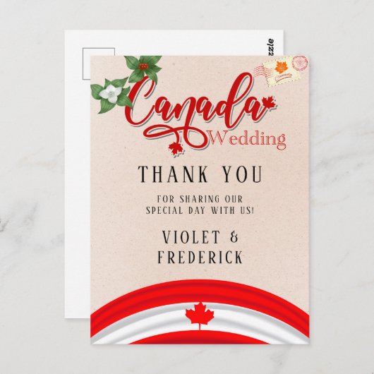 Carte Postale Drapeau du Canada et fleurs Mariage Merci (Devant / Derrière)