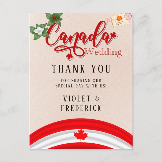 Carte Postale Drapeau du Canada et fleurs Mariage Merci (Devant)