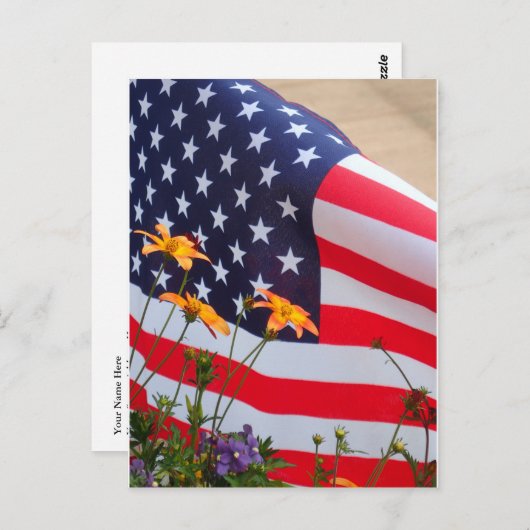 Carte Postale Drapeau et fleurs américains (Devant / Derrière)