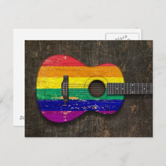 Carte Postale Drapeau Gay pride arc-en-ciel rayé Guitare acousti (Devant / Derrière)