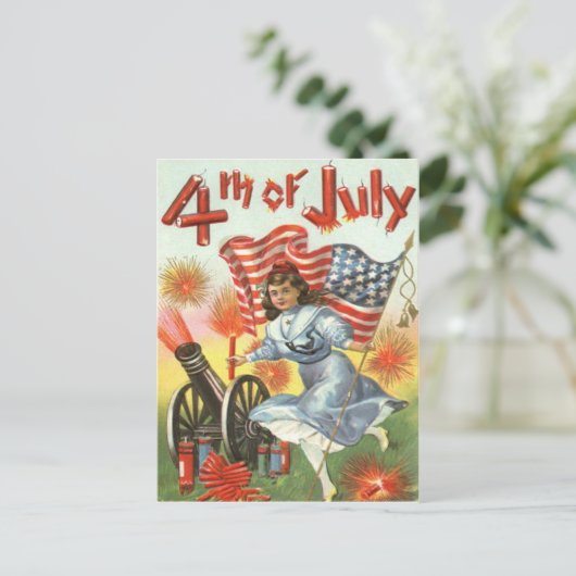 Carte Postale Drapeau US Cannon Fille Feu d'artifice Feu d'artif (Debout devant)