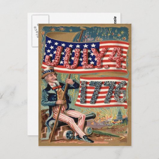 Carte Postale Drapeau US Fireworks Pétarreur Uncle Sam (Devant / Derrière)