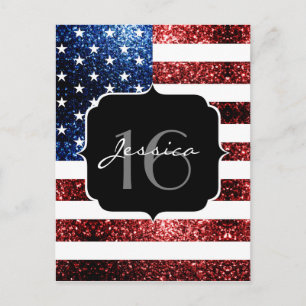 Carte Postale Drapeau USA rouge bleu scintille paillettes Sweet