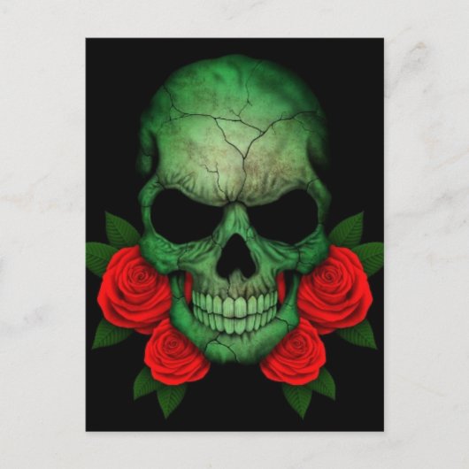 Carte Postale Drapeau vert libyen avec des roses rouges (Devant)