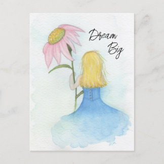 Carte Postale Dream Girl tenant Fleur rose géante