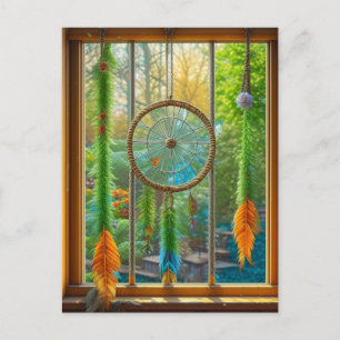Carte Postale Dreamcatcher avec Plumes Bleues, Vertes et Oranges