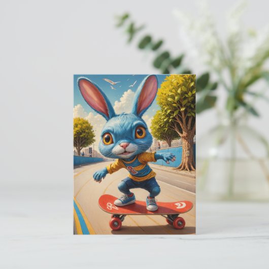Carte Postale Drôle adorable Skateboard Cute Rabbit (Debout devant)