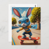 Carte Postale Drôle adorable Skateboard Cute Rabbit (Devant / Derrière)