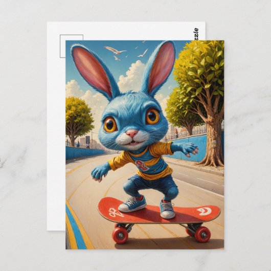 Carte Postale Drôle adorable Skateboard Cute Rabbit (Devant / Derrière)