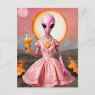 Carte Postale Drôle Alien Dame Avec Jus D'Orange Brûlant Le Dése