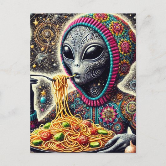 Carte Postale Drôle Alien Drôle Manger Spaghetti (Devant)