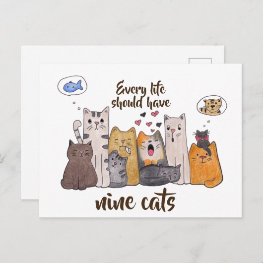Carte Postale Drôle chien de chat| Chaque vie devrait avoir neuf (Devant / Derrière)