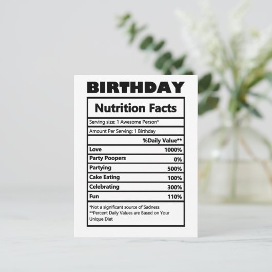 Carte postale drôle d'anniversaire avec faits nutr (Debout devant)