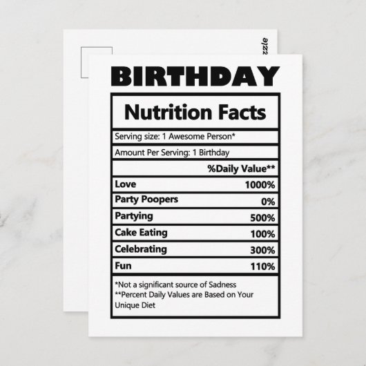 Carte postale drôle d'anniversaire avec faits nutr (Devant / Derrière)