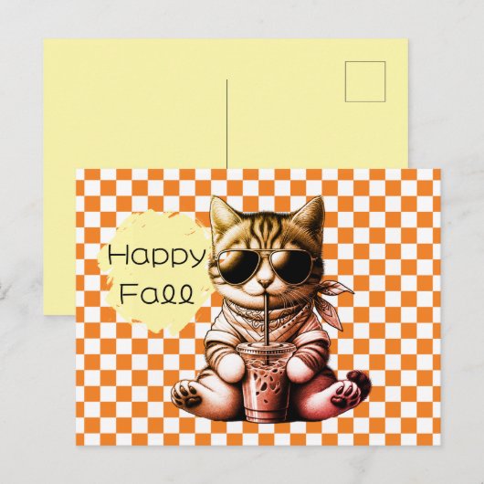Carte Postale Drôle de chat cool Latte Bon Automne (Devant / Derrière)