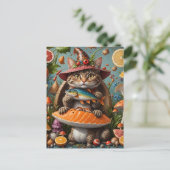 Carte Postale Drôle de chat vampire avec un poisson sur un champ (Debout devant)