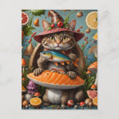 Carte Postale Drôle de chat vampire avec un poisson sur un champ (Devant)