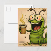 Carte Postale drôle de dessin animé sur la chenille caffinée (Devant / Derrière)