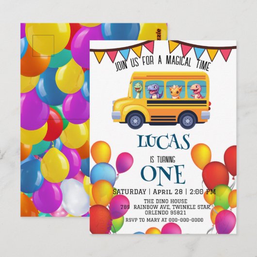 Carte Postale Drôle de dinosaure Garçon d'autobus de rentrée sco (Devant / Derrière)