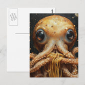 Carte postale drôle de pieuvre mangeant des spaghe (Devant / Derrière)