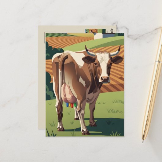 Carte postale drôle de vache style WPA (Devant/Arrière en situation)