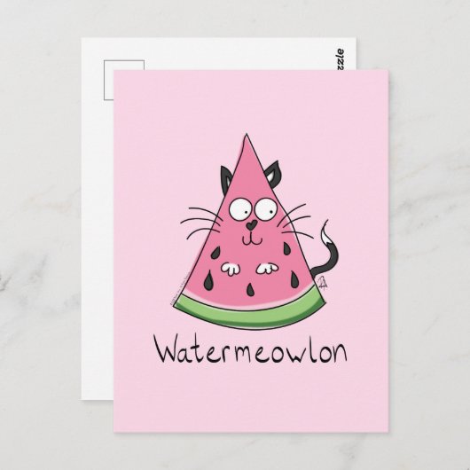 Carte postale drôle d'été chat pastèque (Devant / Derrière)