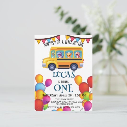 Carte Postale Drôle dinosaure Retour à l'école Bus garçon Annive (Debout devant)