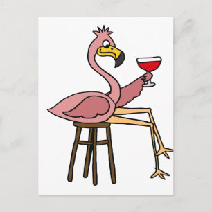 Carte Postale Drôle Flamant rose rose Boire du vin rouge